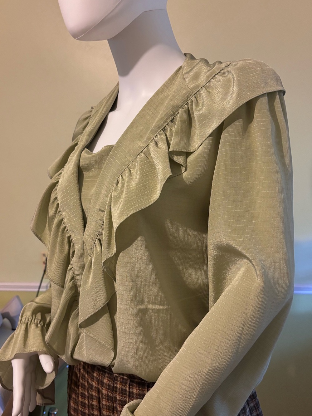 Vintage Olive Green Ruffle V-Neck Blouse by Vintage